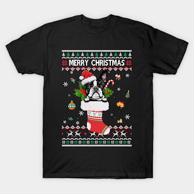 Merry Christmas Boston Terrier In Sock Dog Funny Ugly Xmas T-Shirt by Marks Kayla